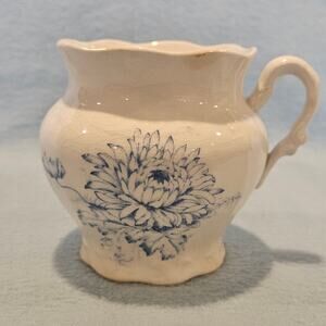 Antique Japanese Blue Floral Creamer Hand Painted 4" Crazed Glaze